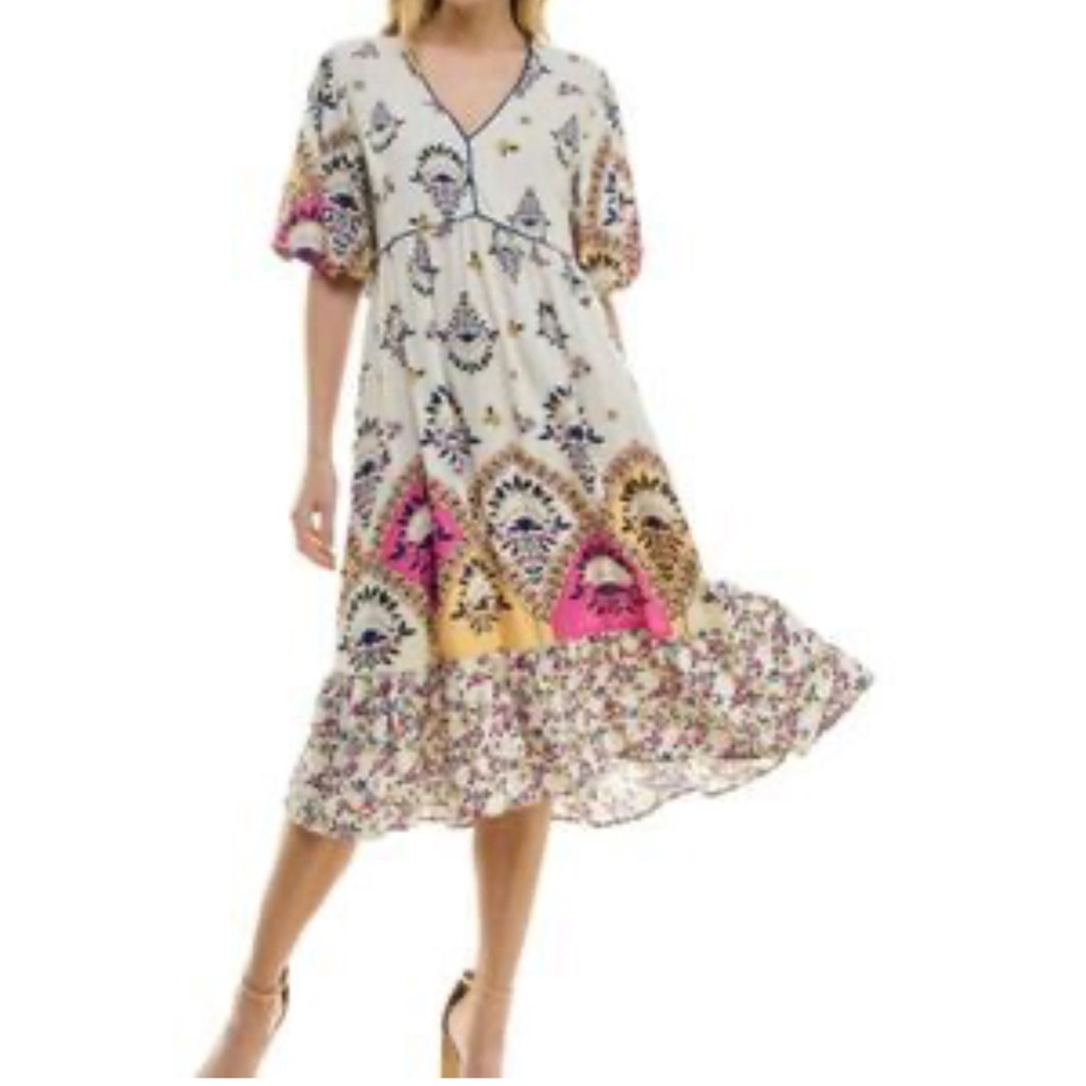 NWT Figueroa & Flower Pippa Ivory Floral Puff Sleeve Belt Midi Dress Medium